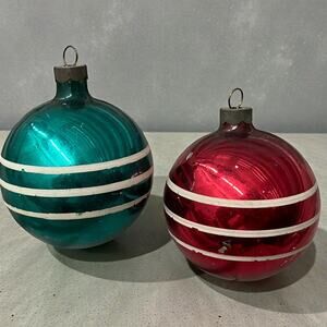 Vintage Shiny Brite Mercury Glass Christmas Ornaments-Striped Red & Green